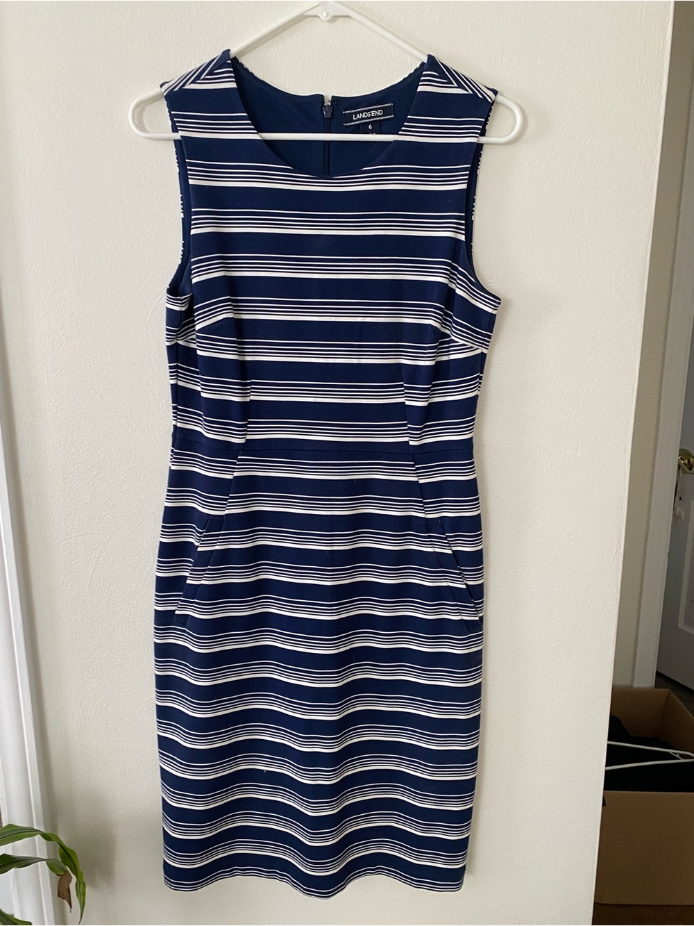 Lands' End Navy & White Sleeveless Striped Sheath Dress